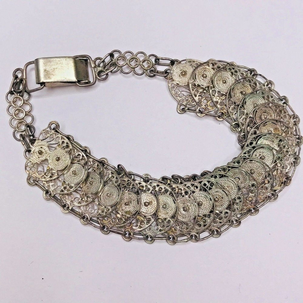 Vintage Silver Bracelet Stamped 800 Sterling Lightweight Round Links Lace Ornate